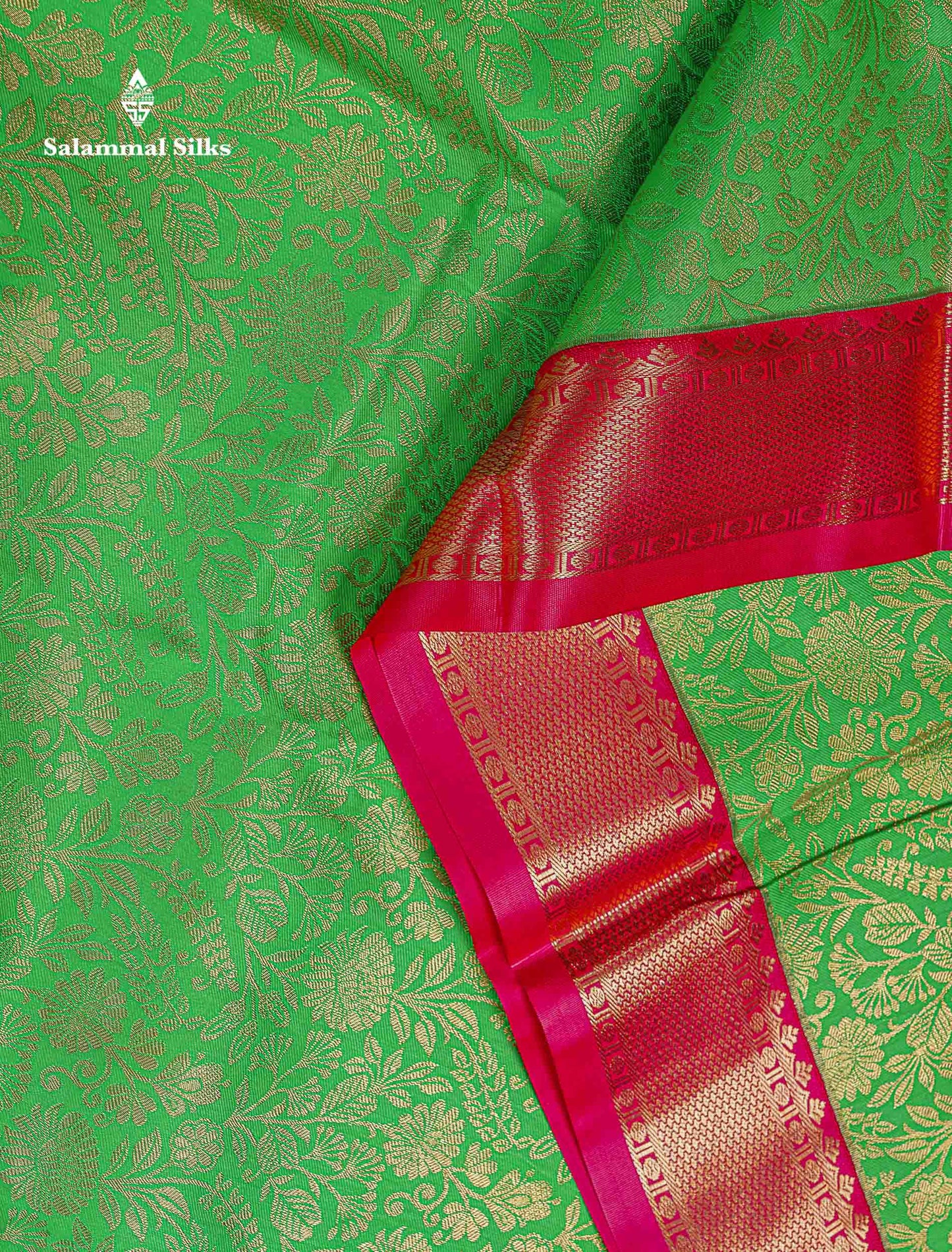 Bridal Semi Silk Saree -  Parrot Green Colour Body With Contrast Pink Evening Morning Border