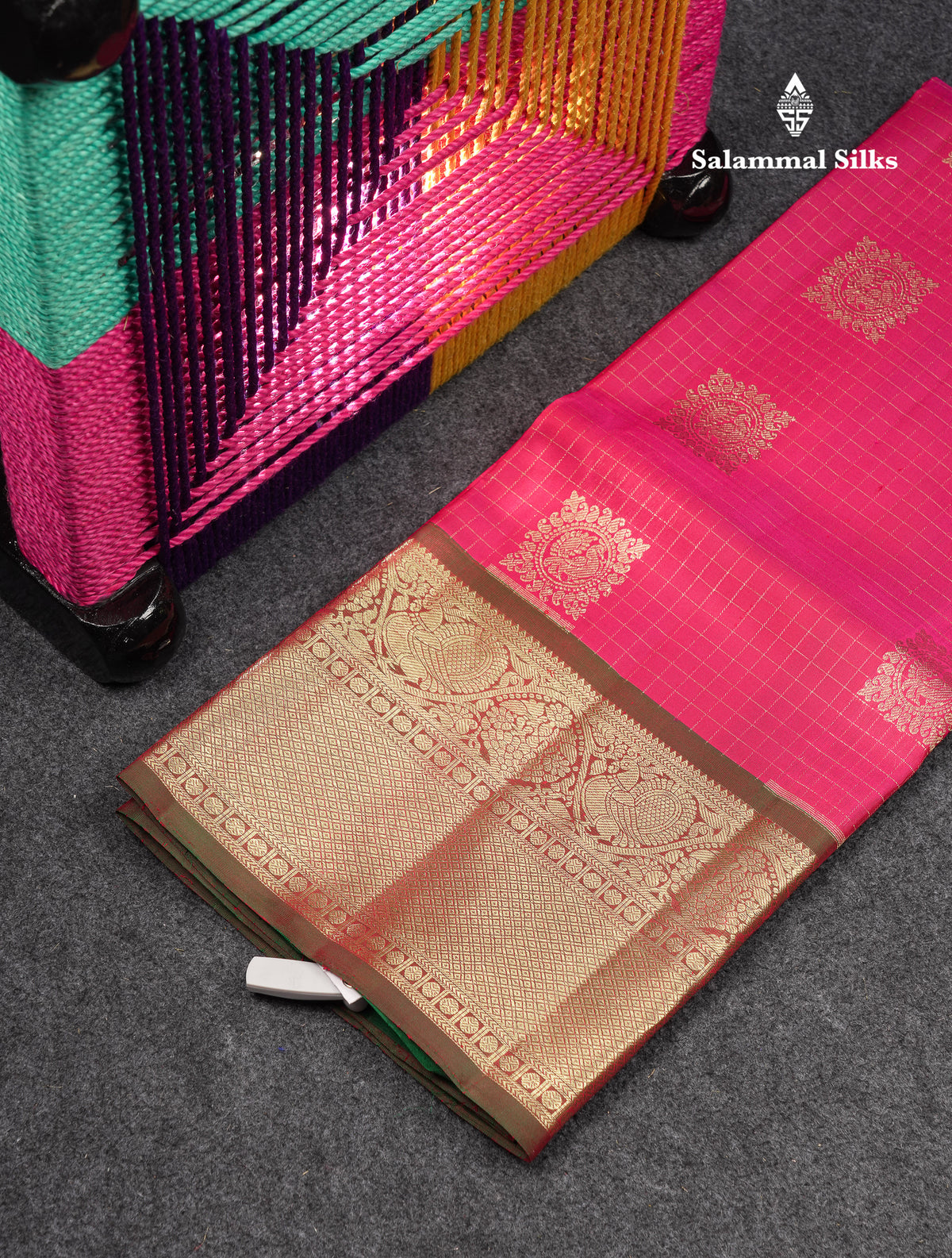 Beautiful Pure Silk Pattu Pavadai Checks With Butta (Pink) With Contrast Bottle Green Blouse 45"