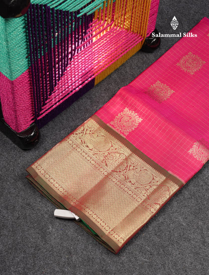 Beautiful Pure Silk Pattu Pavadai Checks With Butta (Pink) With Contrast Bottle Green Blouse 45"