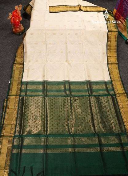 Beautiful Half White Peacock Zari Butta Pure Silk Cotton Saree With Contrast Bottle Green Traditional Border