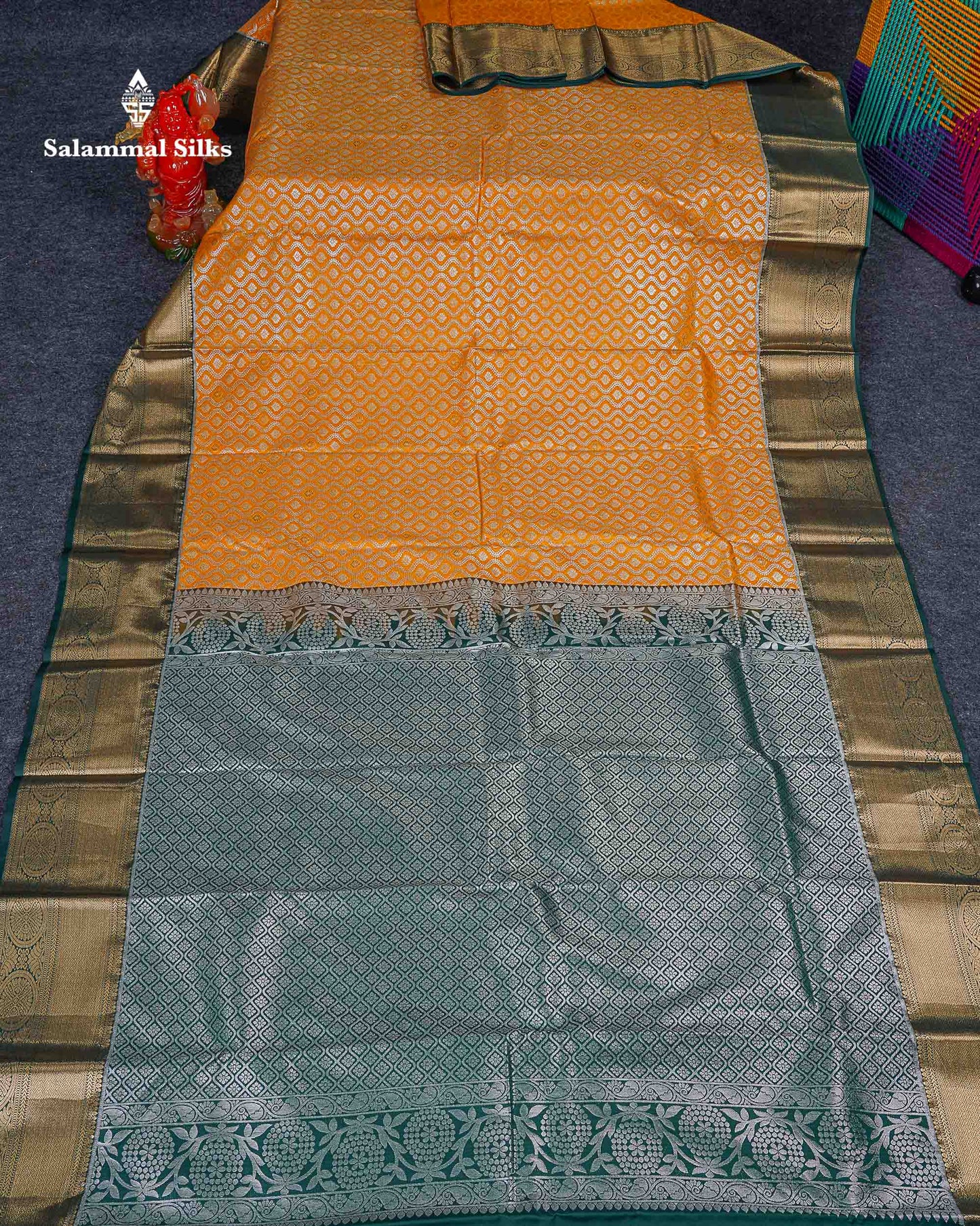 Bridal Semi Silk Saree -  Yellow Colour Body With Contrast Bottle Green Border 