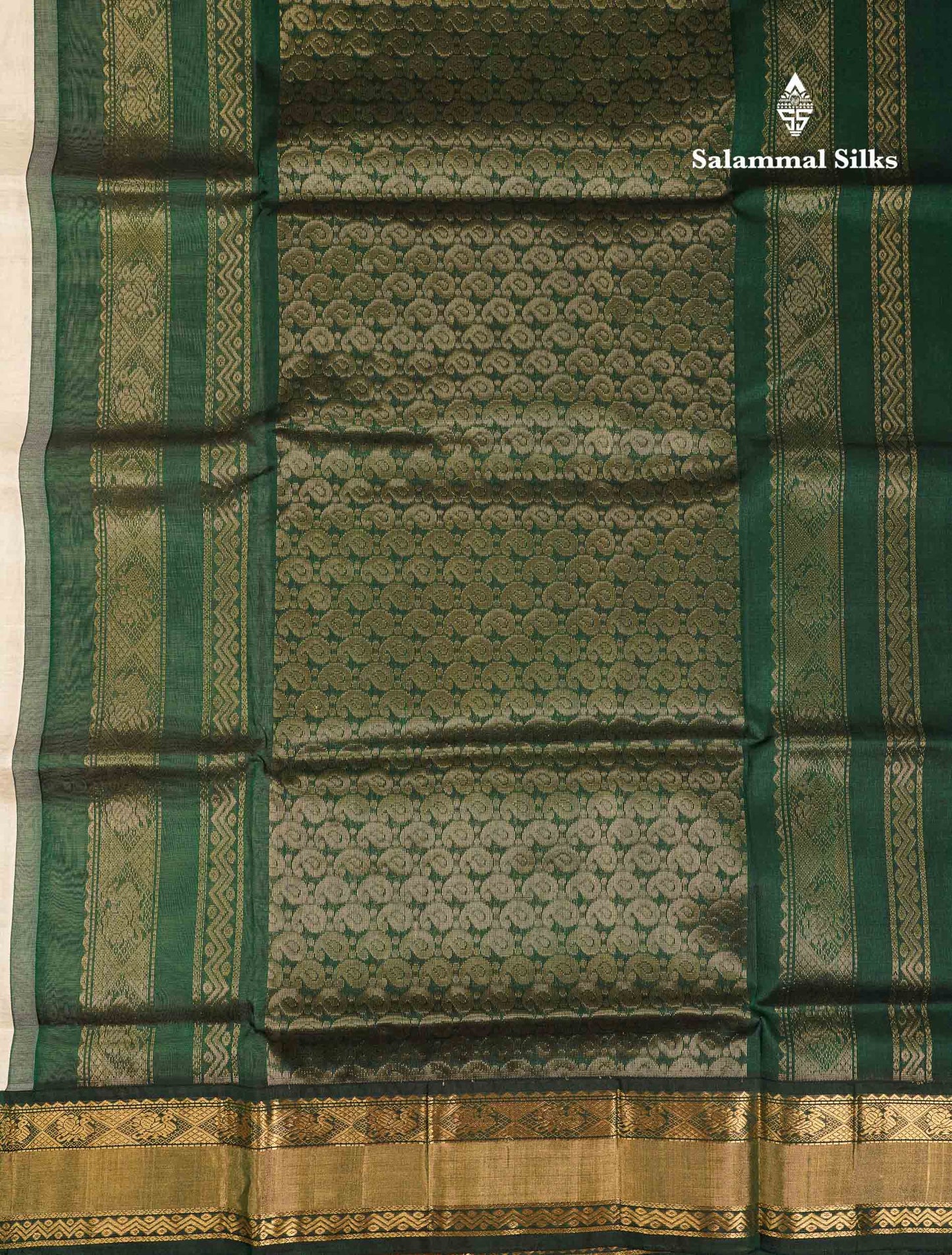 Beautiful Half White Peacock Zari Butta Pure Silk Cotton Saree With Contrast Bottle Green Traditional Border