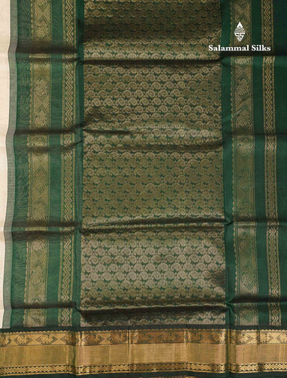Beautiful Half White Peacock Zari Butta Pure Silk Cotton Saree With Contrast Bottle Green Traditional Border