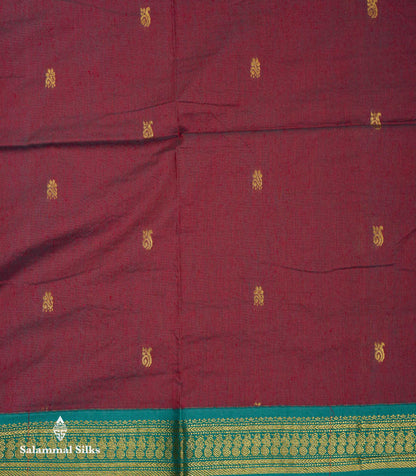 Beautiful Dual Tone Maroon Zari Butta Kalyani Cotton Saree With Contrast Peacock Green Traditional Border