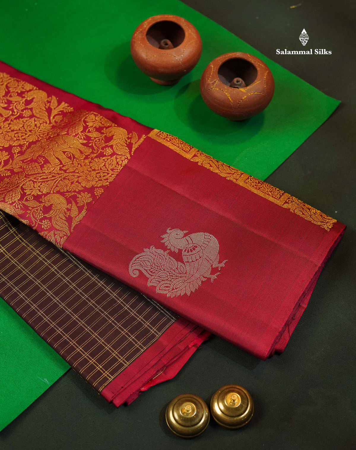 Pure Kanjivaram Silk Saree - Dark Brown Colour Body Checks With Dual Tone Maroon Long Border