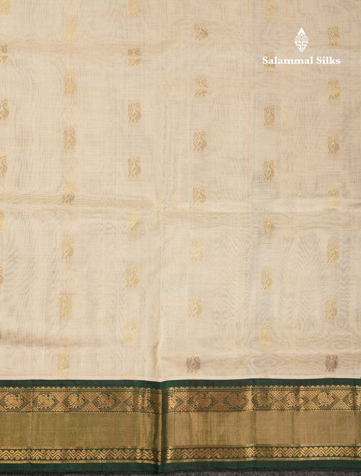 Beautiful Half White Peacock Zari Butta Pure Silk Cotton Saree With Contrast Bottle Green Traditional Border
