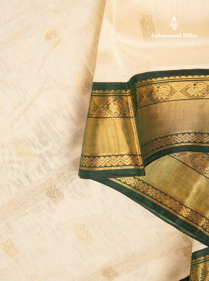 Beautiful Half White Peacock Zari Butta Pure Silk Cotton Saree With Contrast Bottle Green Traditional Border