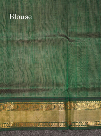 Beautiful Half White Peacock Zari Butta Pure Silk Cotton Saree With Contrast Bottle Green Traditional Border