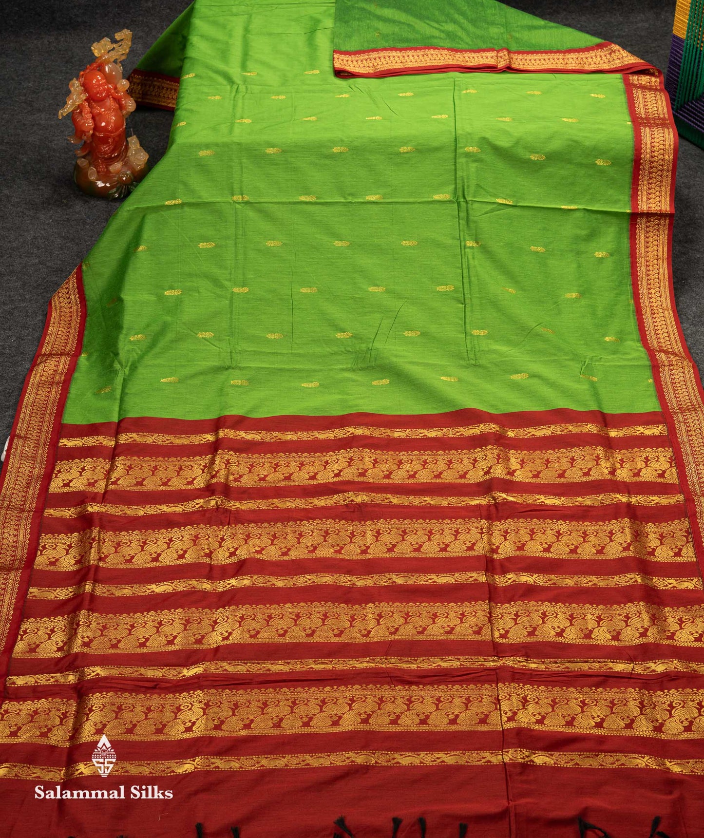 Beautiful Green Zari Butta Kalyani Cotton Saree With Contrast Maroon Traditional Border