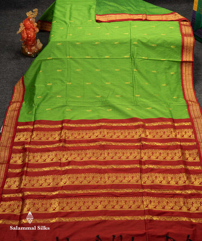 Beautiful Green Zari Butta Kalyani Cotton Saree With Contrast Maroon Traditional Border