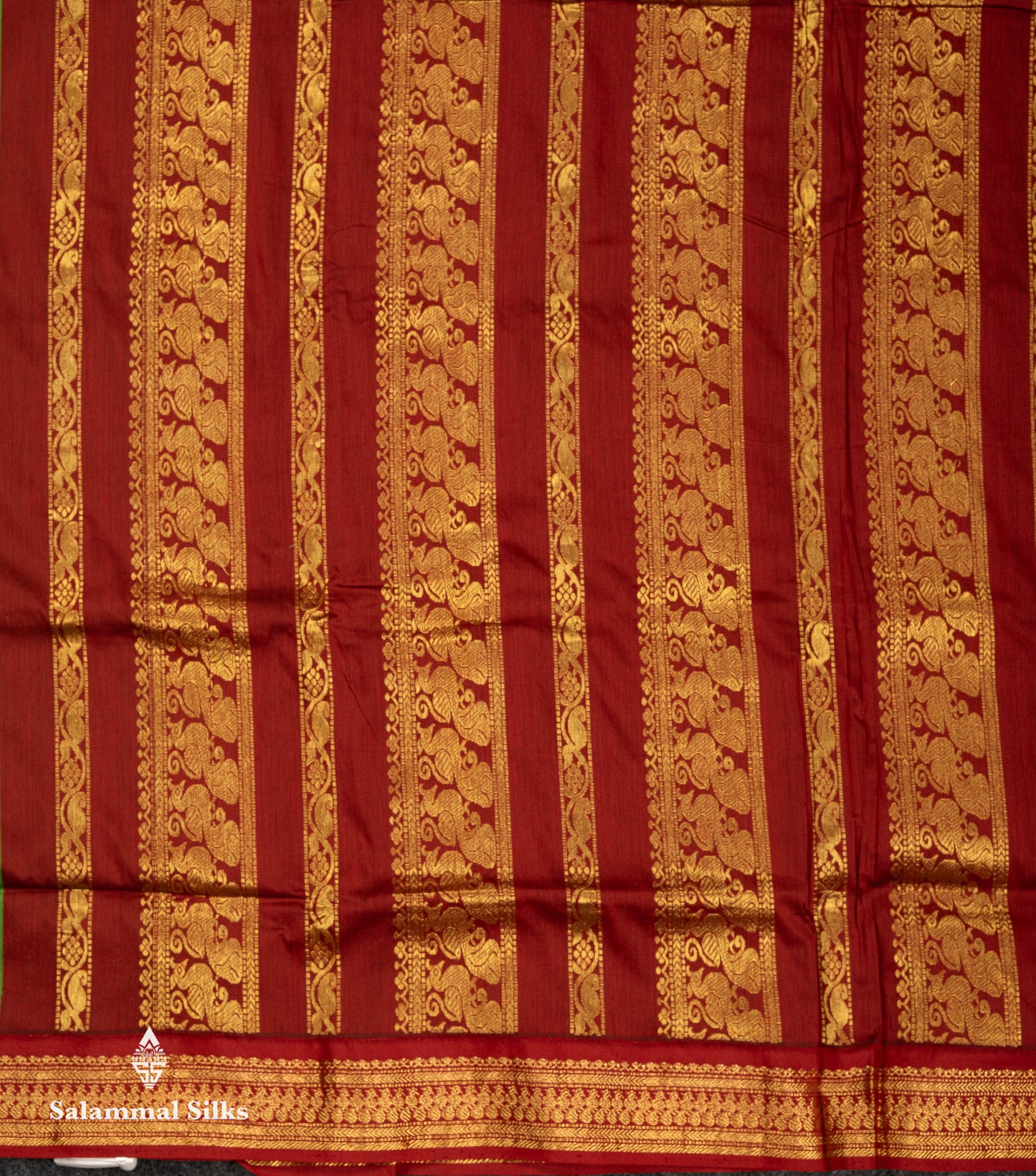 Beautiful Green Zari Butta Kalyani Cotton Saree With Contrast Maroon Traditional Border