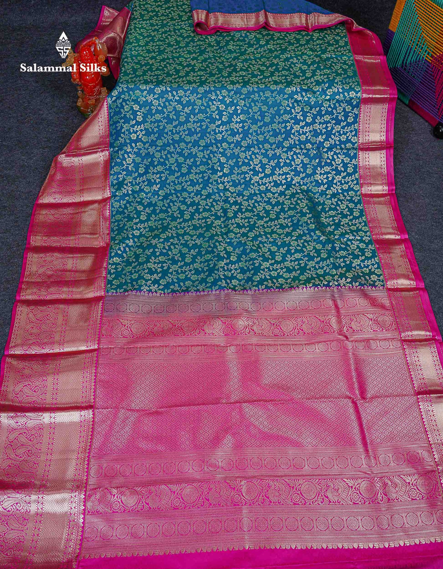 Bridal Semi Silk Saree -  Peacock Blue Colour Body With Contrast Pink Traditional Evening Morning Border