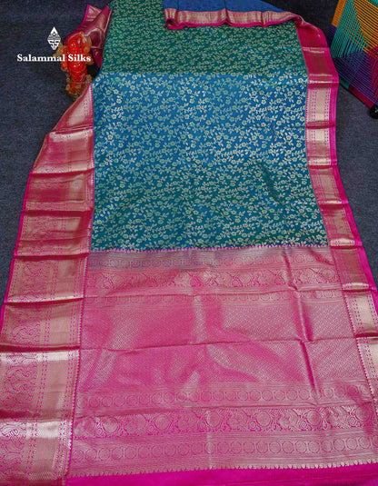 Bridal Semi Silk Saree -  Peacock Blue Colour Body With Contrast Pink Traditional Evening Morning Border
