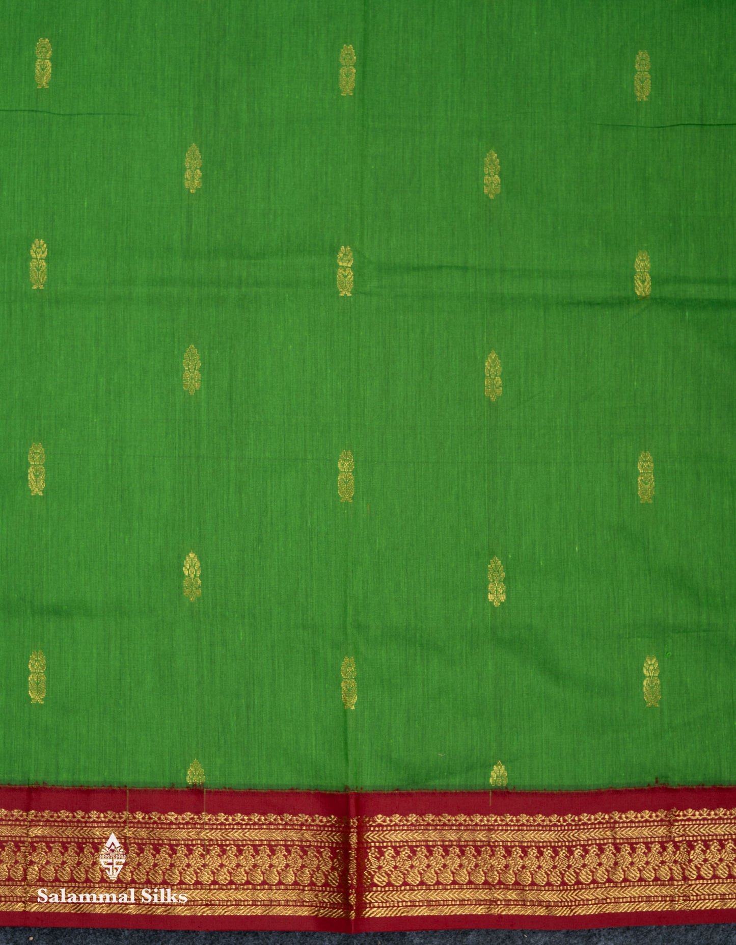 Beautiful Green Zari Butta Kalyani Cotton Saree With Contrast Maroon Traditional Border