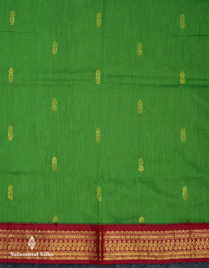 Beautiful Green Zari Butta Kalyani Cotton Saree With Contrast Maroon Traditional Border