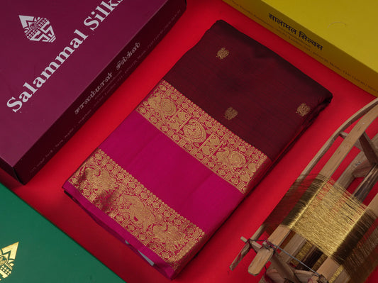 Dark Maroon Colour Pure Kanjivaram Silk Saree with Traditional Pink Double Border