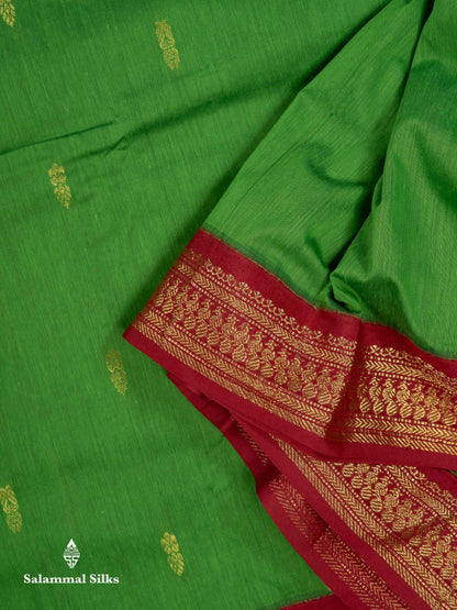 Beautiful Green Zari Butta Kalyani Cotton Saree With Contrast Maroon Traditional Border