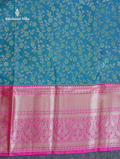 Bridal Semi Silk Saree -  Peacock Blue Colour Body With Contrast Pink Traditional Evening Morning Border