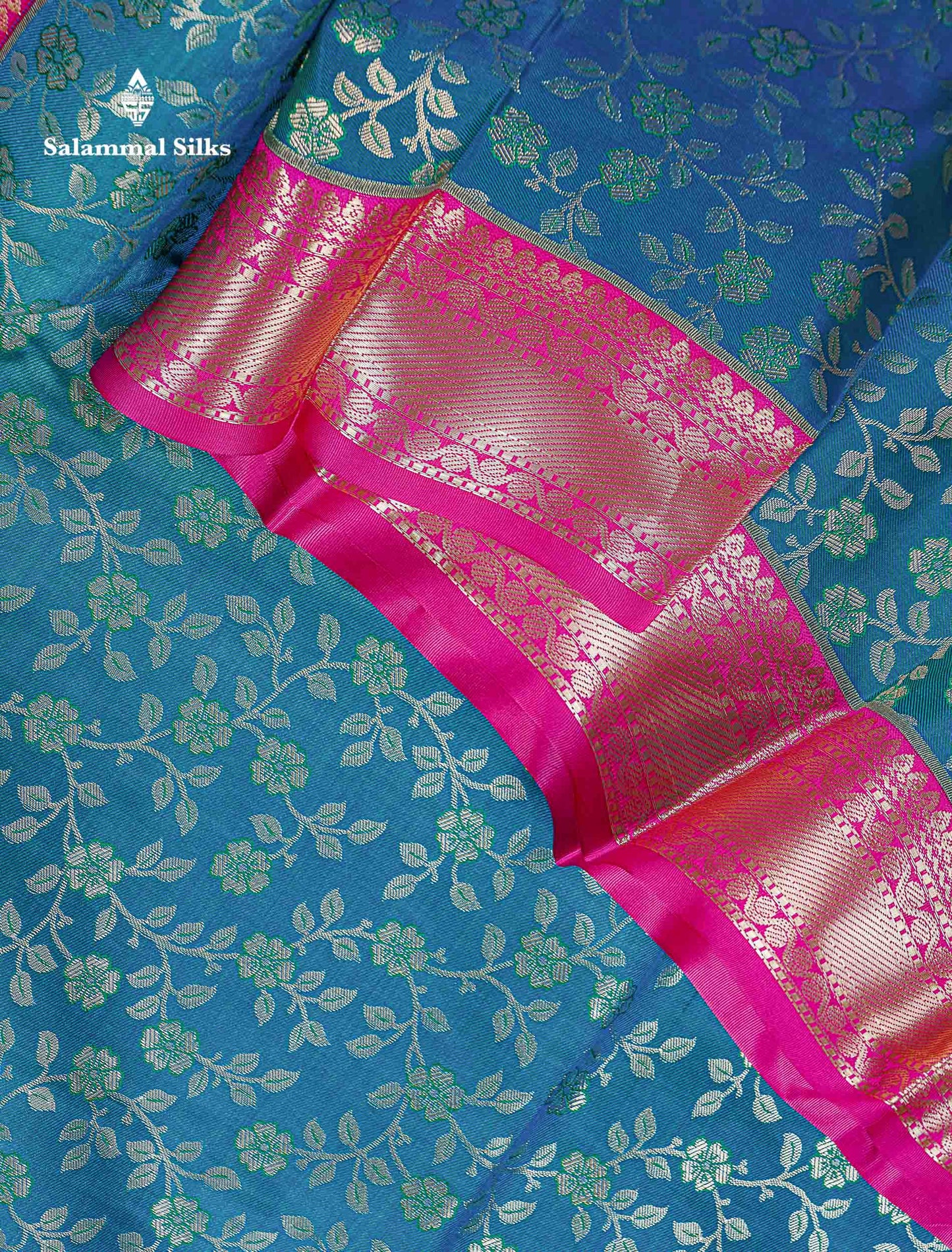 Bridal Semi Silk Saree -  Peacock Blue Colour Body With Contrast Pink Traditional Evening Morning Border
