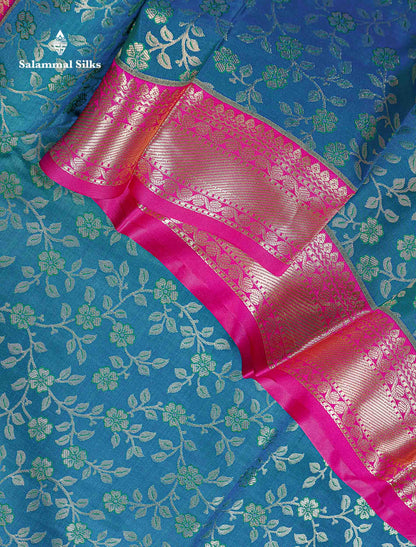Bridal Semi Silk Saree -  Peacock Blue Colour Body With Contrast Pink Traditional Evening Morning Border