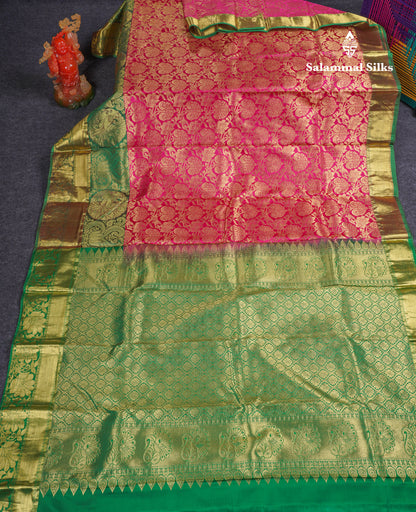 Beautiful Green Bridal Pure Mix Silk Saree With Contrast Magenta Traditional Evening Morning Border