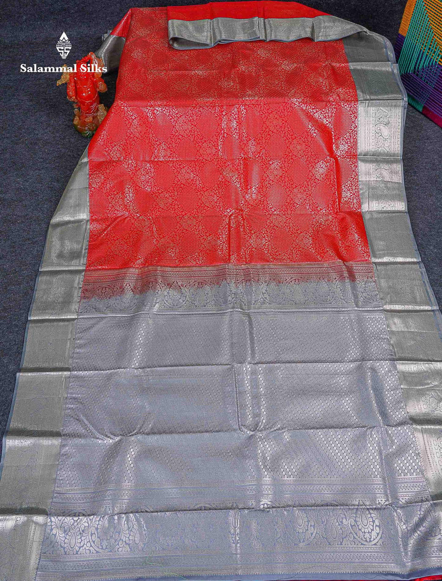 Bridal Semi Silk Saree -  Peach Orange Colour Body With Contrast Grey Border 