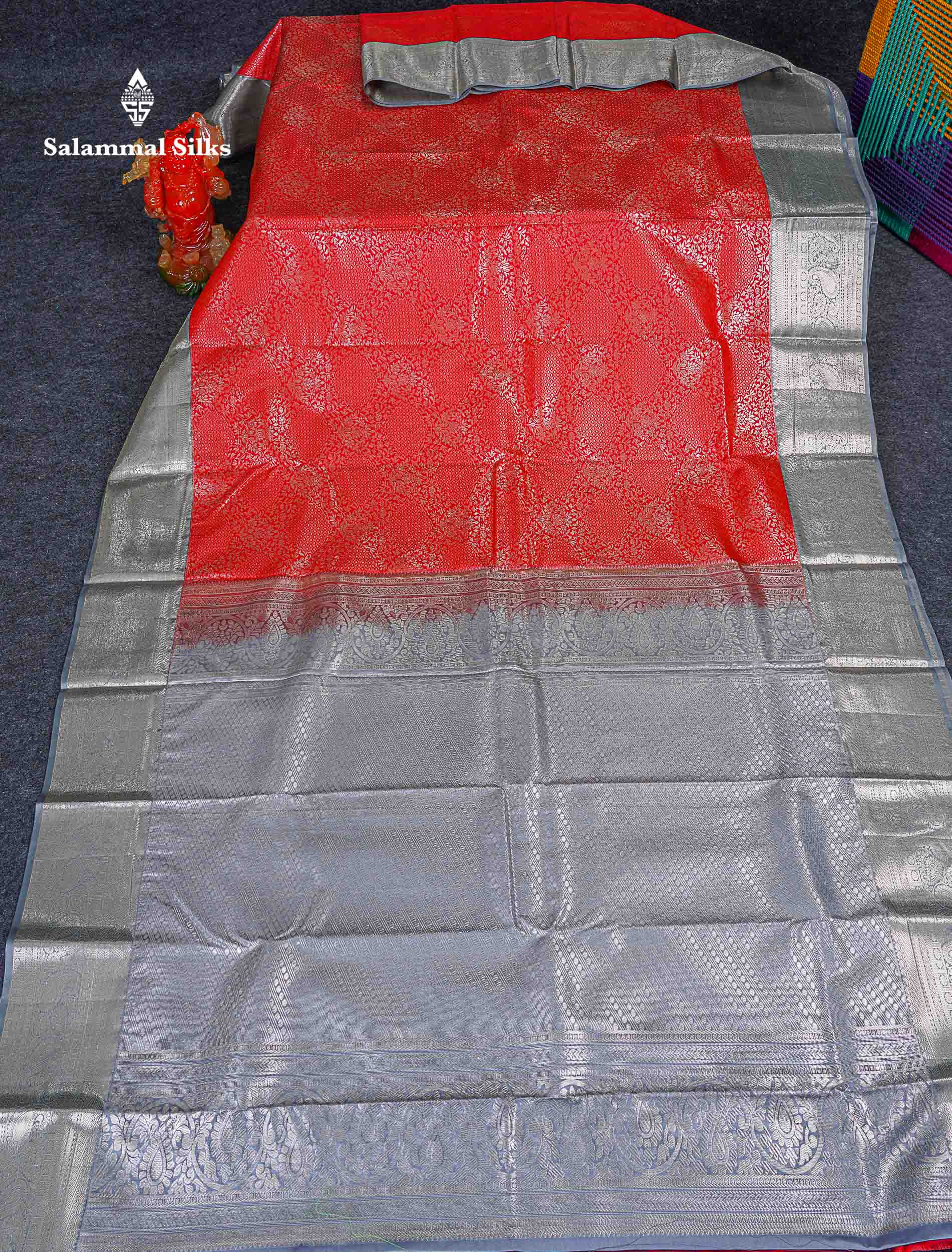 Bridal Semi Silk Saree -  Peach Orange Colour Body With Contrast Grey Border 