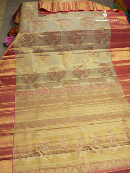 Beautiful Gold Tissue Bridal Pure Kanjivaram Silk Saree With Contrast Pink Traditional Border