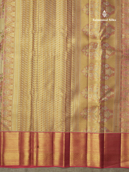 Beautiful Gold Tissue Bridal Pure Kanjivaram Silk Saree With Contrast Pink Traditional Border