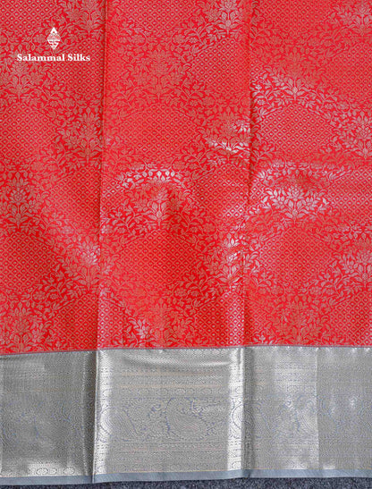 Bridal Semi Silk Saree -  Peach Orange Colour Body With Contrast Grey Border