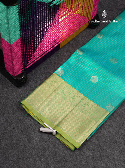 Beautiful Pure Silk Pattu Pavadai Checks With Butta (Sapphire Blue) With Contrast Parrot Green Blouse 36"