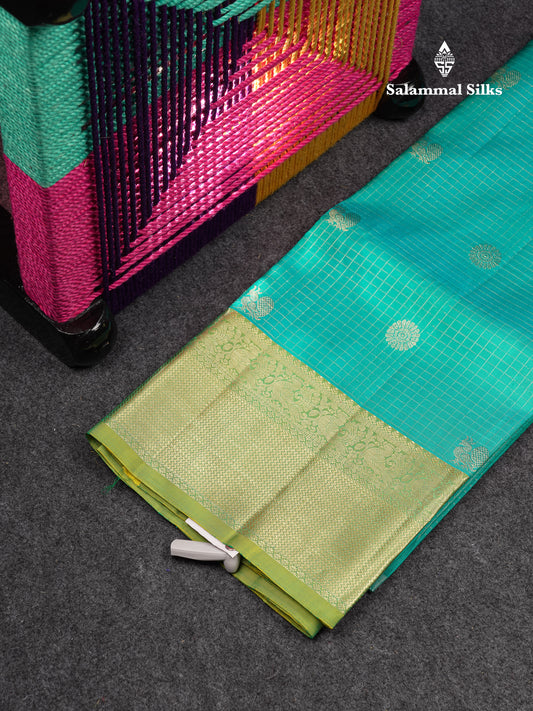Beautiful Pure Silk Pattu Pavadai Checks With Butta (Sapphire Blue) With Contrast Parrot Green Blouse 36"