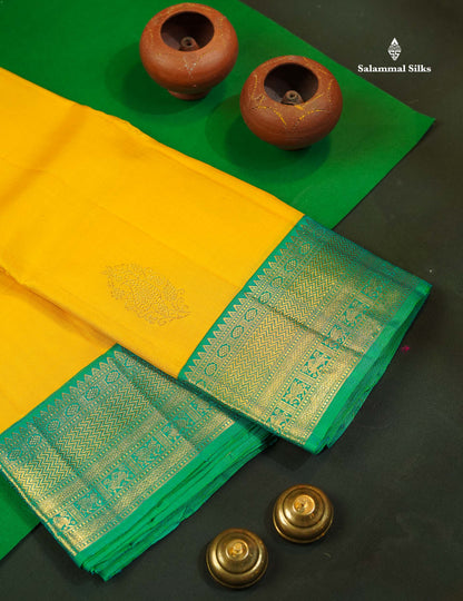 Korvai Yelllow Pure Kanjivaram Silk Saree With Contrast Dual Tone Sapphire Green Traditional Border