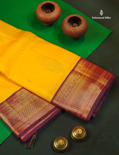 Mustard Yellow Pure Kanjivaram Silk Saree With Contrast Dark Purple Traditional Border
