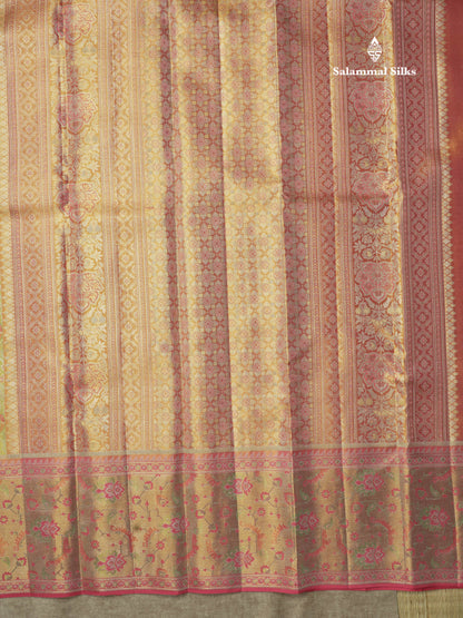 Beautiful Light Green Tissue Bridal Pure Kanjivaram Silk Saree With Contrast Meenakari Work  Light Pink Border