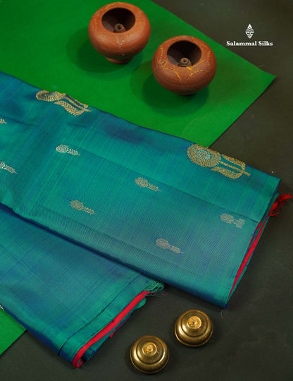Dual Tone Peacock Blue Fancy Pure Kanjivaram Silk Saree With Contrast Pink Blouse
