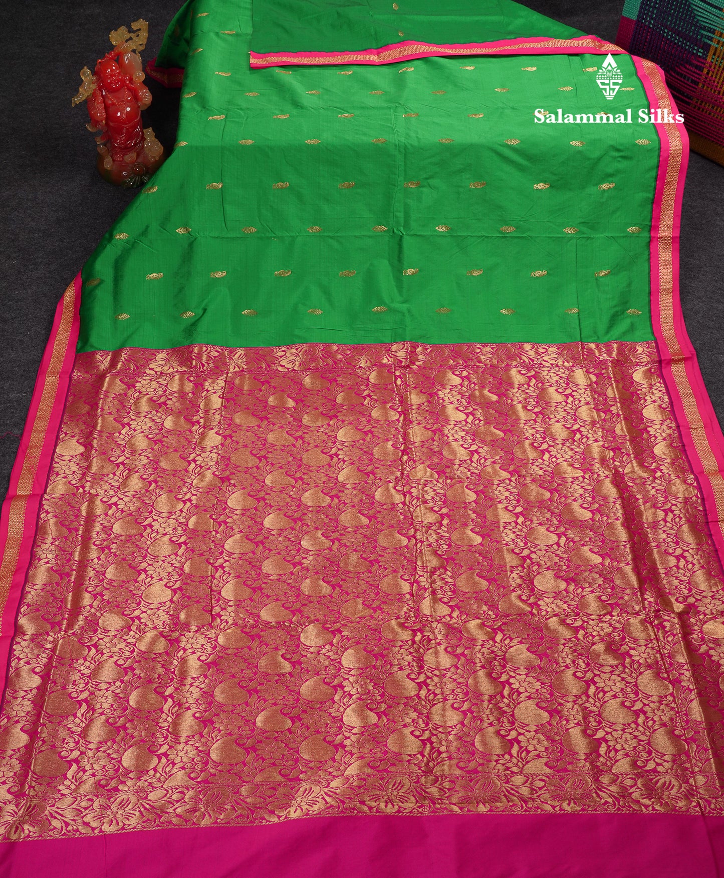 9 Yards Semi Silk Saree Peacock Green With Contrast Pink Traditional Small Border