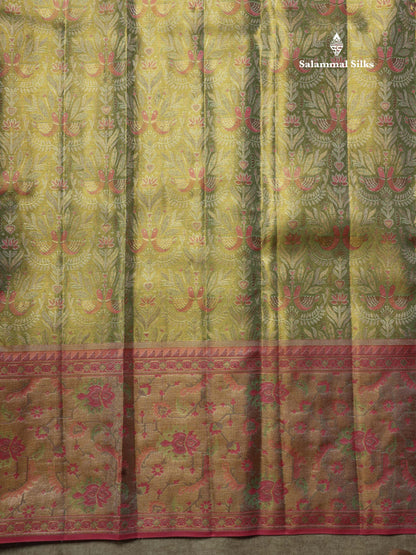 Beautiful Light Green Tissue Bridal Pure Kanjivaram Silk Saree With Contrast Meenakari Work  Light Pink Border