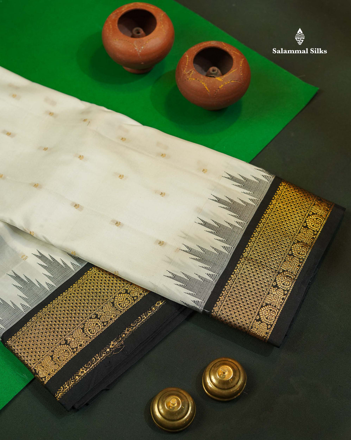 Pure Kanjivaram Silk Saree - White Colour Body Zari Butta & Contrast Black Traditional Temple Border
