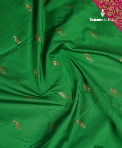 9 Yards Semi Silk Saree Peacock Green With Contrast Pink Traditional Small Border