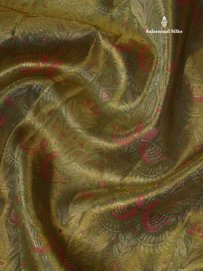 Beautiful Light Green Tissue Bridal Pure Kanjivaram Silk Saree With Contrast Meenakari Work  Light Pink Border