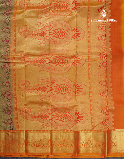 Beautiful Dual Tone Green Pure Kanjivaram Silk Saree With Contrast Mustard Yellow Traditional Border