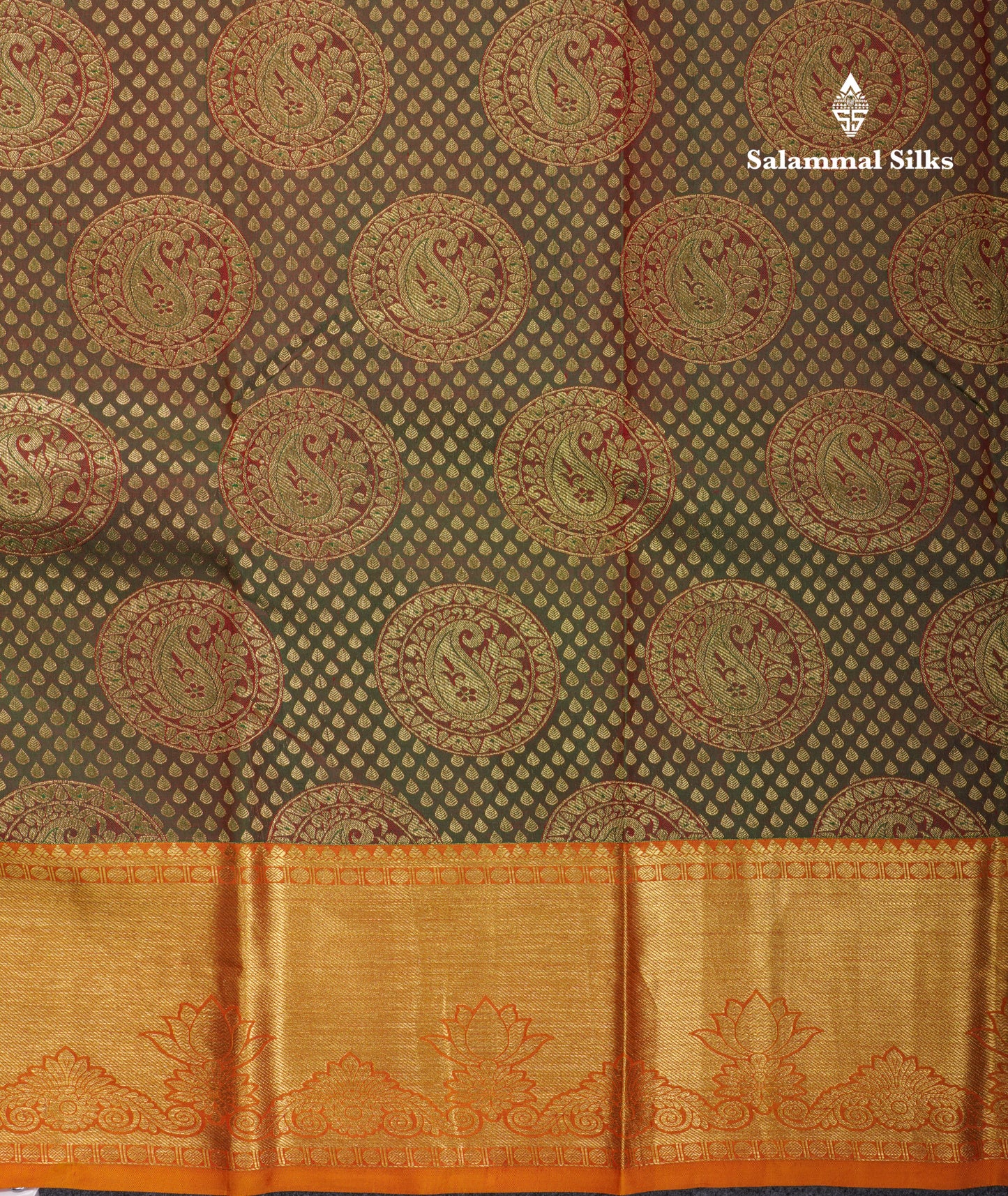 Beautiful Dual Tone Green Pure Kanjivaram Silk Saree With Contrast Mustard Yellow Traditional Border
