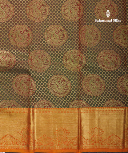 Beautiful Dual Tone Green Pure Kanjivaram Silk Saree With Contrast Mustard Yellow Traditional Border