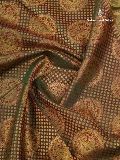Beautiful Dual Tone Green Pure Kanjivaram Silk Saree With Contrast Mustard Yellow Traditional Border