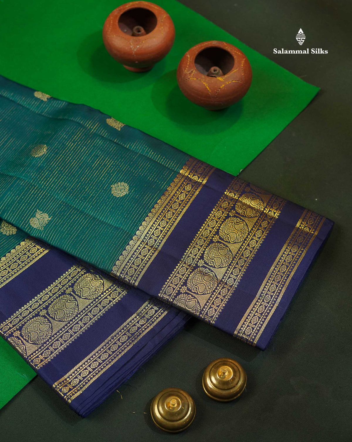 Pure Kanjivaram Silk Saree - Teal Blue Colour Body Vaira Oosi Lines With Butta & Contrast Navy Blue Border