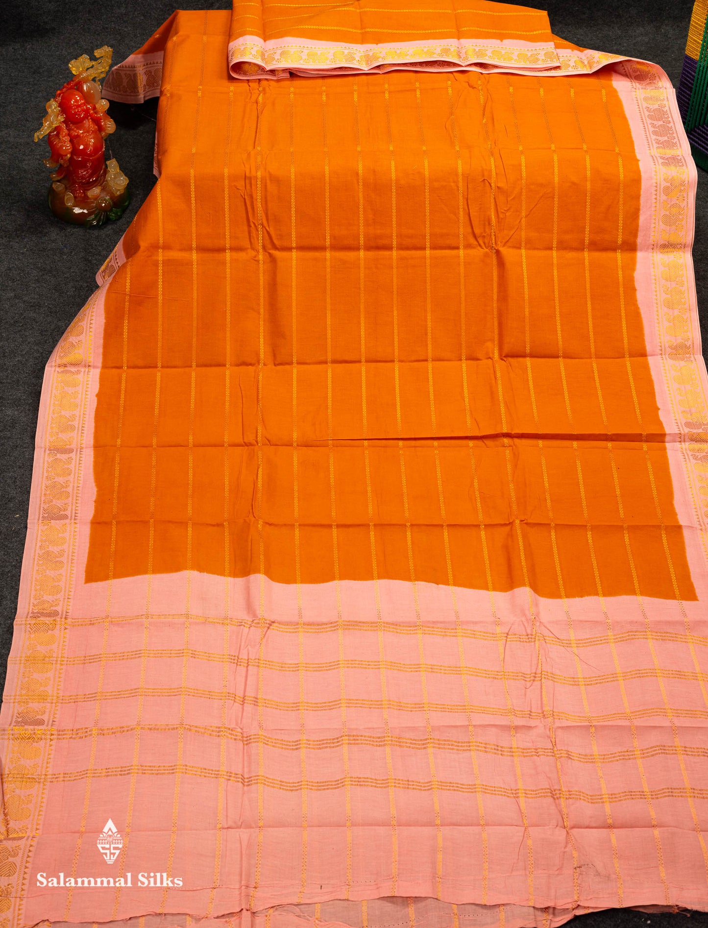 Beautiful Orange Pure Sungudi Cotton Saree With Contrast Baby Pink Traditional Small Border