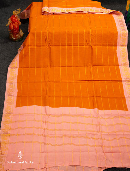 Beautiful Orange Pure Sungudi Cotton Saree With Contrast Baby Pink Traditional Small Border