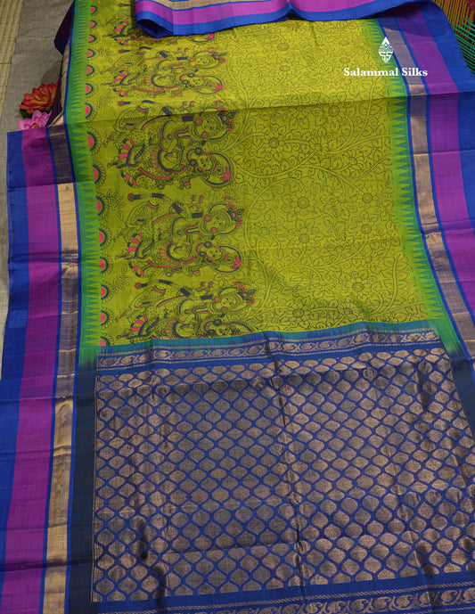 Beautiful Orangish yellow Kalamkari Design Pure Silk Cotton Saree With Ganga Jamuna Border