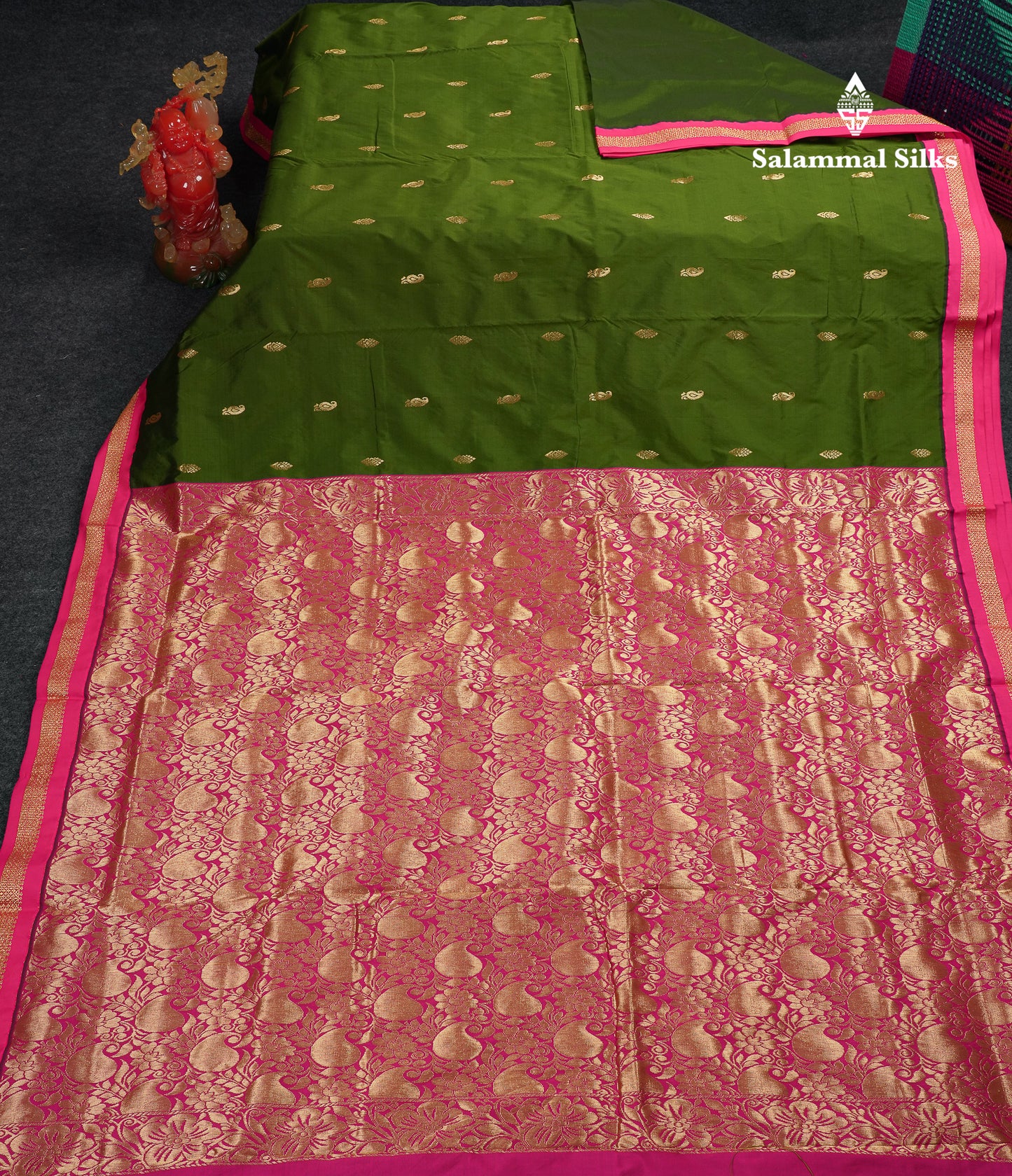 9 Yards Semi Silk Saree Peacock Green With Contrast Pink Traditional Small Border